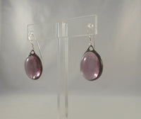 Large Unusual Vintage Handmade Purple Stained Glass Dangle Earrings w/ Sterling Silver Hooks