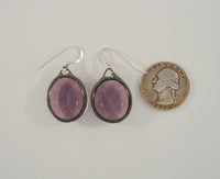 Large Unusual Vintage Handmade Purple Stained Glass Dangle Earrings w/ Sterling Silver Hooks