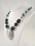 Large Chunky Vintage Sterling Silver Green Turquoise Lapis Lazuli Bloodstone Black Onyx Beaded Strand w/ Convex Disc Pendant Necklace 18.75"