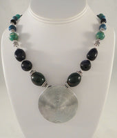 Large Chunky Vintage Sterling Silver Green Turquoise Lapis Lazuli Bloodstone Black Onyx Beaded Strand w/ Convex Disc Pendant Necklace 18.75"