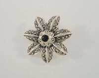 Large Signed Detailed Vintage Sterling Silver Black Onyx & Marcasites Double Flower Pin or Brooch