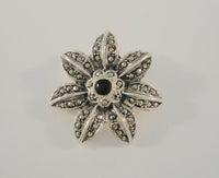 Large Signed Detailed Vintage Sterling Silver Black Onyx & Marcasites Double Flower Pin or Brooch