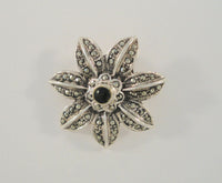 Large Signed Detailed Vintage Sterling Silver Black Onyx & Marcasites Double Flower Pin or Brooch