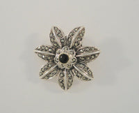 Large Signed Detailed Vintage Sterling Silver Black Onyx & Marcasites Double Flower Pin or Brooch