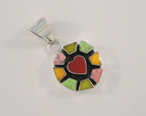 Big Vintage Sterling Silver Green Pink Yellow Turqouise Red Onyx Dimensional Shadowbox Heart Pendant