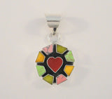 Big Vintage Sterling Silver Green Pink Yellow Turqouise Red Onyx Dimensional Shadowbox Heart Pendant