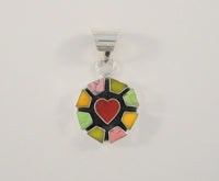 Big Vintage Sterling Silver Green Pink Yellow Turqouise Red Onyx Dimensional Shadowbox Heart Pendant