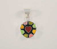 Big Vintage Sterling Silver Green Pink Yellow Turqouise Red Onyx Dimensional Shadowbox Heart Pendant