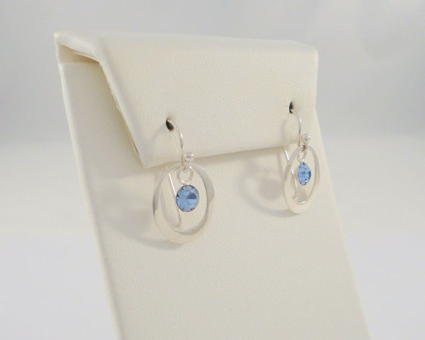 Vintage Sterling Silver w/ Faceted Cornflower Blue Stone Drop Open Oval Hook Dangle Earrings