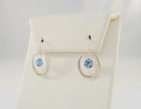 Vintage Sterling Silver w/ Faceted Cornflower Blue Stone Drop Open Oval Hook Dangle Earrings