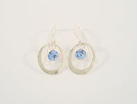 Vintage Sterling Silver w/ Faceted Cornflower Blue Stone Drop Open Oval Hook Dangle Earrings