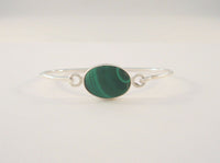 Signed Vintage Mexican Sterling Silver & Cabochon Malachite Hinged Bangle Bracelet 6"