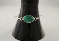 Signed Vintage Mexican Sterling Silver & Cabochon Malachite Hinged Bangle Bracelet 6"