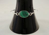 Signed Vintage Mexican Sterling Silver & Cabochon Malachite Hinged Bangle Bracelet 6"