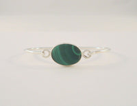 Signed Vintage Mexican Sterling Silver & Cabochon Malachite Hinged Bangle Bracelet 6"