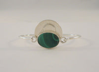 Signed Vintage Mexican Sterling Silver & Cabochon Malachite Hinged Bangle Bracelet 6"