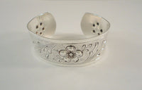 Detailed Vintage 25.5mm Wide Hand Chased Repousse Sterling Silver Dogwood Flower Leafy Tree Blossom Carved Cuff Bracelet