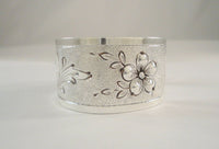 Detailed Vintage 25.5mm Wide Hand Chased Repousse Sterling Silver Dogwood Flower Leafy Tree Blossom Carved Cuff Bracelet