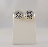 Large Detailed Vintage Handcrafted Signed Taxco Mexican Sterling Silver Shadowbox Cutout Repousse Puffy 30mm Round Clip-On Earrings