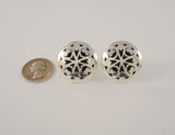 Large Detailed Vintage Handcrafted Signed Taxco Mexican Sterling Silver Shadowbox Cutout Repousse Puffy 30mm Round Clip-On Earrings