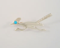 Handcrafted Vintage Native American Sand Cast Sterling Silver & Sawtooth Set Blue Turquoise Eye Southwest Roadrunner Pin or Brooch w/ Hand Stamped Details Bird