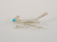 Handcrafted Vintage Native American Sand Cast Sterling Silver & Sawtooth Set Blue Turquoise Eye Southwest Roadrunner Pin or Brooch w/ Hand Stamped Details Bird