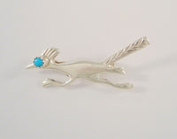 Handcrafted Vintage Native American Sand Cast Sterling Silver & Sawtooth Set Blue Turquoise Eye Southwest Roadrunner Pin or Brooch w/ Hand Stamped Details Bird