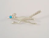 Handcrafted Vintage Native American Sand Cast Sterling Silver & Sawtooth Set Blue Turquoise Eye Southwest Roadrunner Pin or Brooch w/ Hand Stamped Details Bird