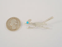 Handcrafted Vintage Native American Sand Cast Sterling Silver & Sawtooth Set Blue Turquoise Eye Southwest Roadrunner Pin or Brooch w/ Hand Stamped Details Bird