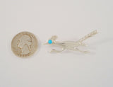 Handcrafted Vintage Native American Sand Cast Sterling Silver & Sawtooth Set Blue Turquoise Eye Southwest Roadrunner Pin or Brooch w/ Hand Stamped Details Bird