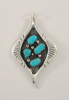 Large Handcrafted Signed Vintage Sterling Silver & Vivid Blue Turquoise Hand Stamped Pendant by Zuni Artists George & Lupeta Leekity