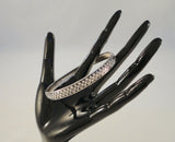 Unusual Vintage or Antique Sterling Silver & Black Enamel Bangle Bracelet w/ Carved Relief Pansy Flower Design 7 7/8"