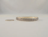 Unusual Vintage or Antique Sterling Silver & Black Enamel Bangle Bracelet w/ Carved Relief Pansy Flower Design 7 7/8"