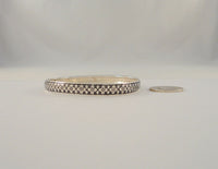 Unusual Vintage or Antique Sterling Silver & Black Enamel Bangle Bracelet w/ Carved Relief Pansy Flower Design 7 7/8"