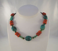 Chunky Vintage Handcrafted Southwest Rondelle Sterling Silver Red Sponge Coral Blue and Green Turquoise Necklace 17.75"