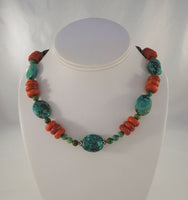 Chunky Vintage Handcrafted Southwest Rondelle Sterling Silver Red Sponge Coral Blue and Green Turquoise Necklace 17.75"