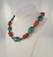 Chunky Vintage Handcrafted Southwest Rondelle Sterling Silver Red Sponge Coral Blue and Green Turquoise Necklace 17.75"