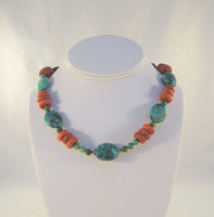 Chunky Vintage Handcrafted Southwest Rondelle Sterling Silver Red Sponge Coral Blue and Green Turquoise Necklace 17.75"