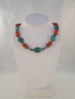 Chunky Vintage Handcrafted Southwest Rondelle Sterling Silver Red Sponge Coral Blue and Green Turquoise Necklace 17.75"