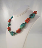 Chunky Vintage Handcrafted Southwest Rondelle Sterling Silver Red Sponge Coral Blue and Green Turquoise Necklace 17.75"