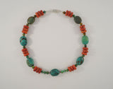 Chunky Vintage Handcrafted Southwest Rondelle Sterling Silver Red Sponge Coral Blue and Green Turquoise Necklace 17.75"