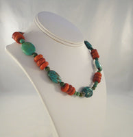 Chunky Vintage Handcrafted Southwest Rondelle Sterling Silver Red Sponge Coral Blue and Green Turquoise Necklace 17.75"