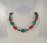 Chunky Vintage Handcrafted Southwest Rondelle Sterling Silver Red Sponge Coral Blue and Green Turquoise Necklace 17.75"