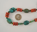 Chunky Vintage Handcrafted Southwest Rondelle Sterling Silver Red Sponge Coral Blue and Green Turquoise Necklace 17.75"