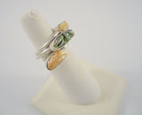 Beautiful, Unusual Big Bold Handcrafted Vintage Sterling Silver & Multi-Colored Green Yellow Peach Blister Pearl Double Band Ring Size 6