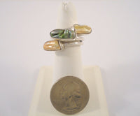 Beautiful, Unusual Big Bold Handcrafted Vintage Sterling Silver & Multi-Colored Green Yellow Peach Blister Pearl Double Band Ring Size 6