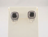 Bold Signed Vintage Sterling Silver and Black Onyx Curvy Fluted Pierced Earrings w/ Southwestern Rope & Bead Detailing