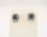 Bold Signed Vintage Sterling Silver and Black Onyx Curvy Fluted Pierced Earrings w/ Southwestern Rope & Bead Detailing