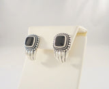 Bold Signed Vintage Sterling Silver and Black Onyx Curvy Fluted Pierced Earrings w/ Southwestern Rope & Bead Detailing