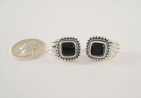 Bold Signed Vintage Sterling Silver and Black Onyx Curvy Fluted Pierced Earrings w/ Southwestern Rope & Bead Detailing